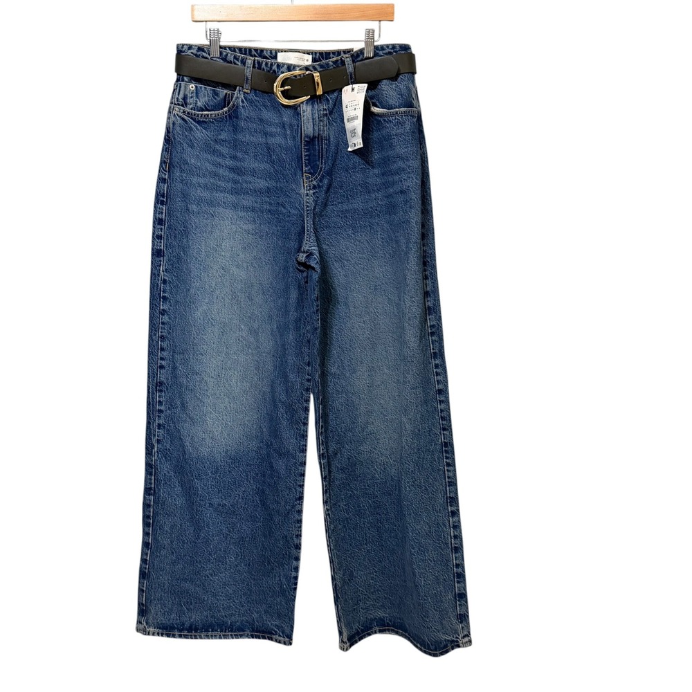 Zara Womens Wide Leg Jeans Size 10 Medium Blue High Rise Denim with Belt NEW